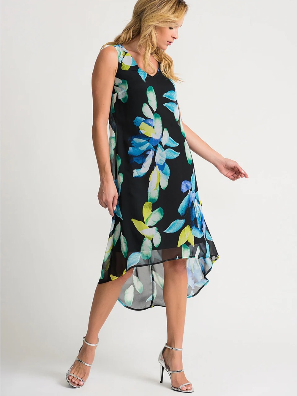 NWT Joseph Ribkoff Floral High Low Midi Dress, Black / Multi – Size 8